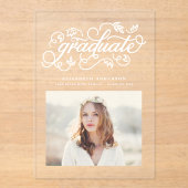 White Rustic Calligraphy Foto Afstuderen Acryl Uitnodigingen (Voorkant)