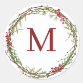 White Rustic Christmas Wreath Monogram Ronde Sticker (Voorkant)
