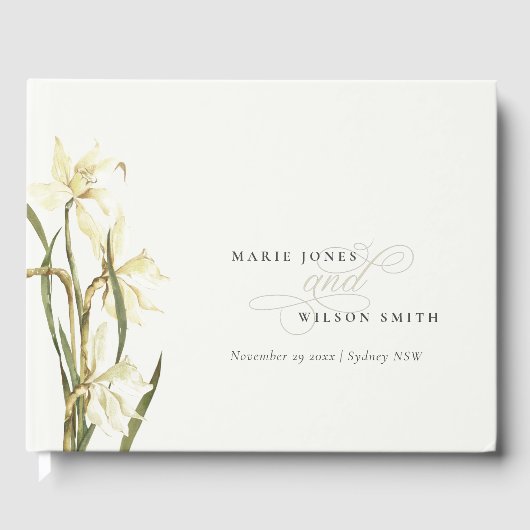 White Rustic Daffodil Floral Waterverf Wedding Gastenboek (Voorkant)