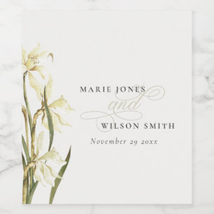 White Rustic Daffodil Floral Waterverf Wedding Wijn Etiket