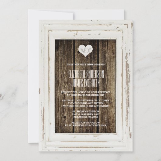 White Rustic Lijst Barn Wood Wedding Invitation Kaart (Voorkant)