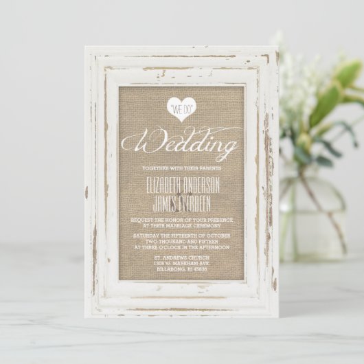 White Rustic Lijst Burlap Huwelijksuitnodiging Kaart (Staand voorkant)