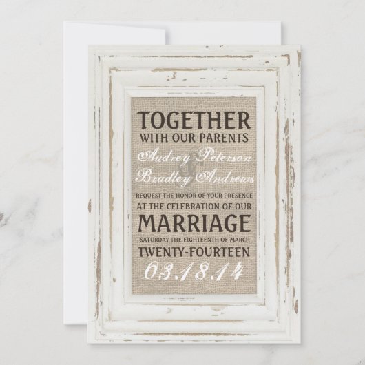 White Rustic Lijst & Burlap Huwelijksuitnodiging Kaart (Voorkant)