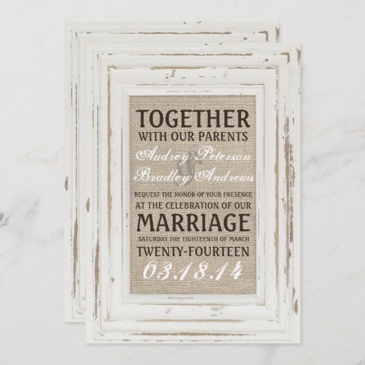 White Rustic Lijst & Burlap Huwelijksuitnodiging Kaart (Voorkant / Achterkant)