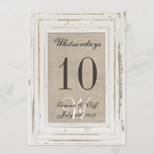 White Rustic Lijst & Burlap Print Table Number voo Kaart