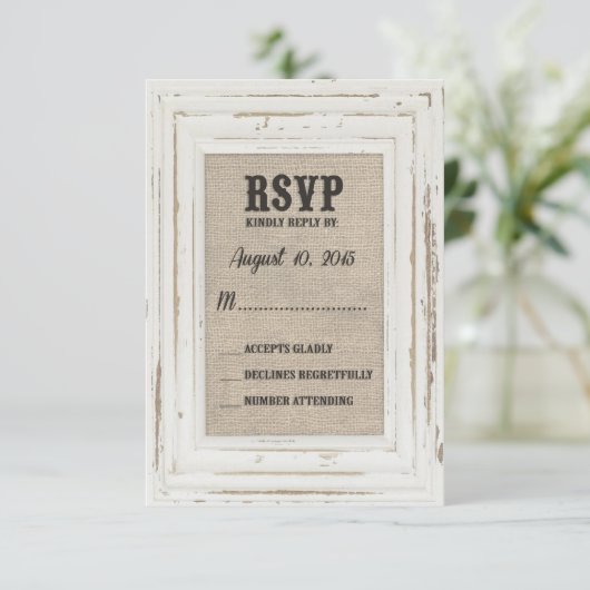 White Rustic Lijst & Burlap Wedding Kelly Custom RSVP Kaartje (Staand voorkant)
