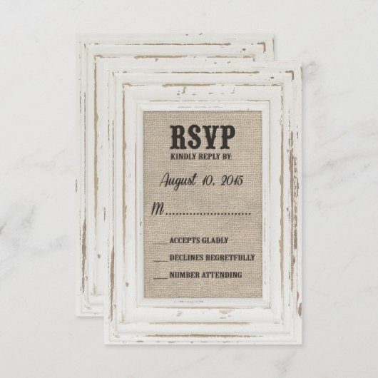 White Rustic Lijst & Burlap Wedding Kelly Custom RSVP Kaartje (Voorkant / Achterkant)