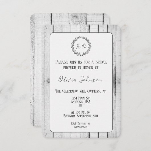 White Rustic Monogram Bridal Shower Invitation Kaart (Voorkant / Achterkant)