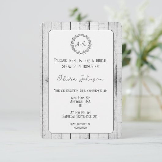 White Rustic Monogram Bridal Shower Invitation Kaart (Staand voorkant)