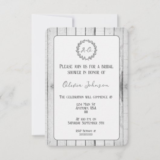 White Rustic Monogram Bridal Shower Invitation Kaart (Voorkant)
