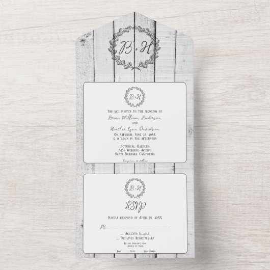 White Rustic Monogram Wedding All In One Uitnodiging (Binnen)