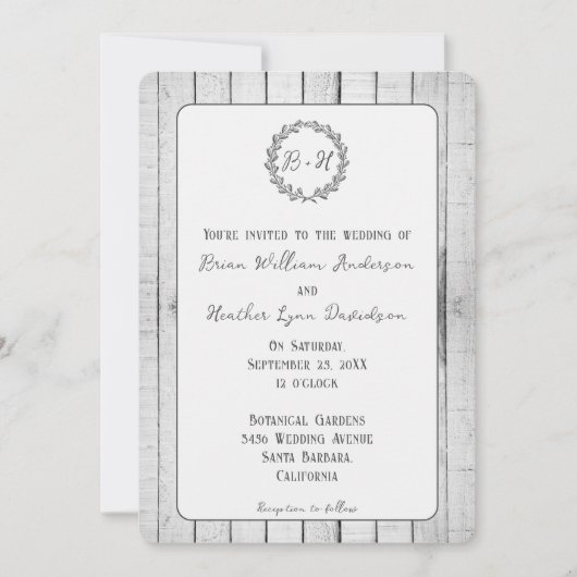 White Rustic Monogram Wedding Uitnodiging (Voorkant)