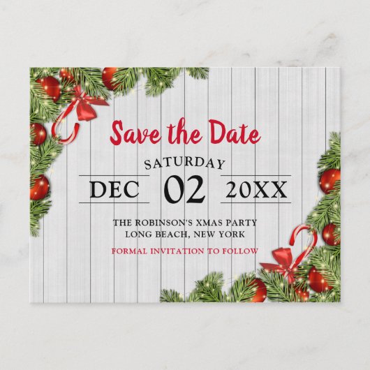 White Rustic Pine-kerstfeest | Datum opslaan Uitnodiging Briefkaart (Voorkant)