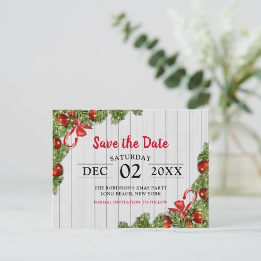 White Rustic Pine-kerstfeest | Datum opslaan Uitnodiging Briefkaart (Staand voorkant)