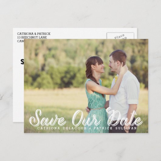 White Rustic Script Photo Save Our Date Briefkaart (Voorkant / Achterkant)