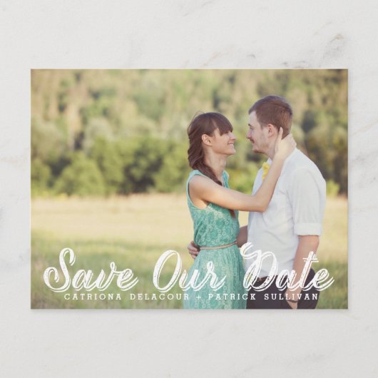 White Rustic Script Photo Save Our Date Briefkaart (Voorkant)