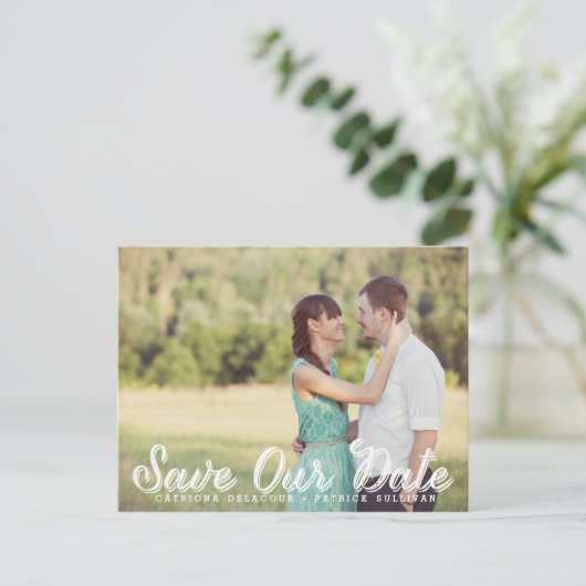 White Rustic Script Photo Save Our Date Briefkaart (Staand voorkant)
