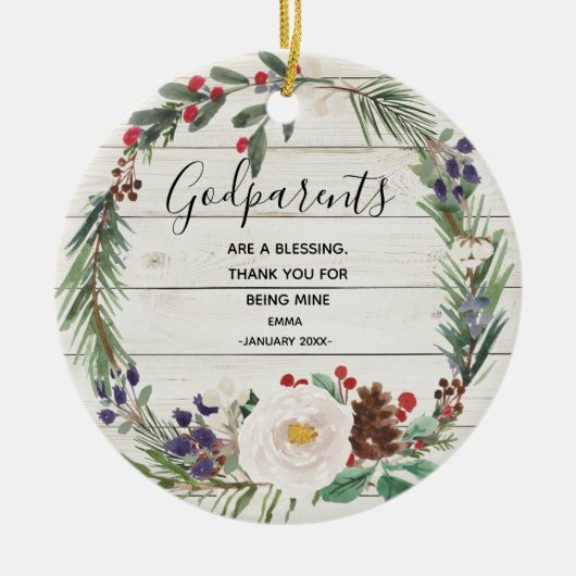 White Rustic Winter Flowers Godouders Christmas Keramisch Ornament (Voorkant)