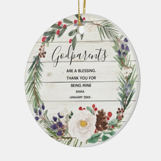 White Rustic Winter Flowers Godouders Christmas Keramisch Ornament (Links)