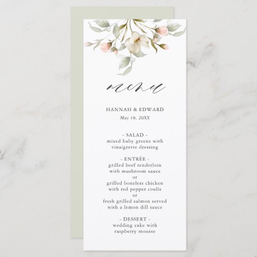 White Sage Blush Elegant Floral Wedding Menu (Voorkant / Achterkant)