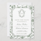 White Sage Green Chinoiserie Crest Photo Wedding Save The Date (Voorkant)