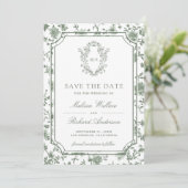 White Sage Green Chinoiserie Crest Photo Wedding Save The Date (Staand voorkant)