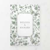 White Sage Green Chinoiserie Crest QR Code Huwelij Drieluik Uitnodiging (Cover)