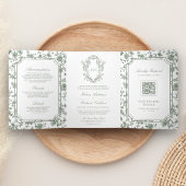 White Sage Green Chinoiserie Crest QR Code Huwelij Drieluik Uitnodiging