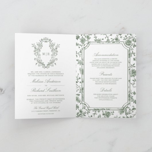 White Sage Green Chinoiserie Crest QR Code Wedding (Binnen)