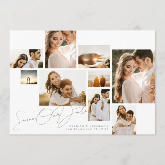 White Sage Green Collage Multi foto bruiloft Save The Date (Voorkant)