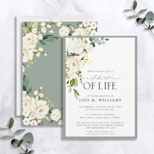 White Sage Green Floral Celebration of Life Kaart