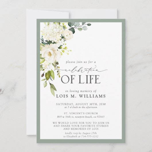 White Sage Green Floral Celebration of Life Kaart (Voorkant)