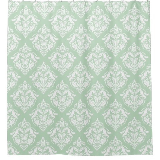 White & Sage Green Floral Damasks Pattern Douchegordijn (Voorkant)