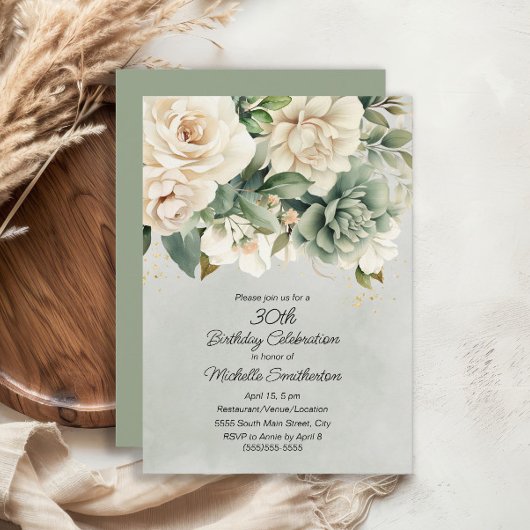 White Sage Green Floral Gold 30e verjaardag Kaart