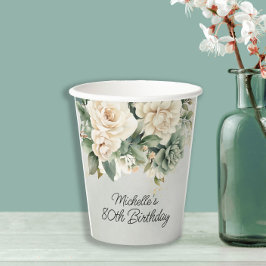 White Sage Green Floral Gold 80e verjaardag Papieren Bekers