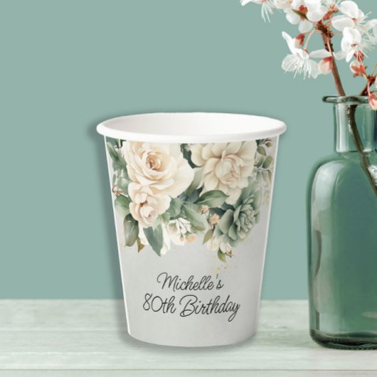 White Sage Green Floral Gold 80e verjaardag Papieren Bekers