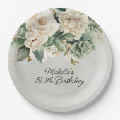 White Sage Green Floral Gold 80e verjaardag Papieren Bordje (Voorkant)