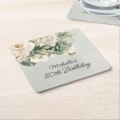 White Sage Green Floral Gold 80th Birthday Kartonnen Onderzetters (Schuin)