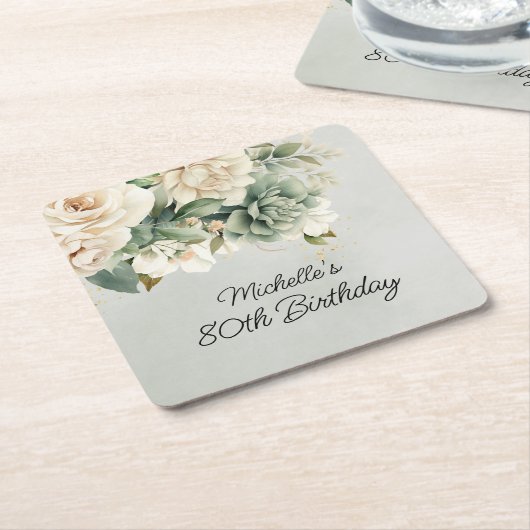 White Sage Green Floral Gold 80th Birthday Kartonnen Onderzetters (Schuin)