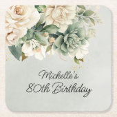 White Sage Green Floral Gold 80th Birthday Kartonnen Onderzetters (Voorkant)