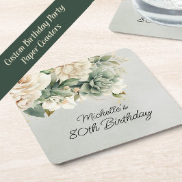 White Sage Green Floral Gold 80th Birthday Kartonnen Onderzetters