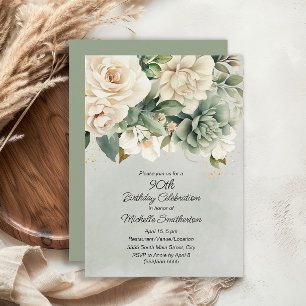 White Sage Green Floral Gold 90e verjaardag Kaart