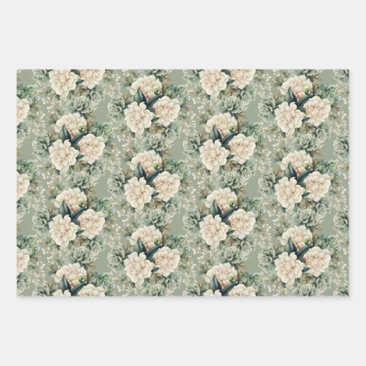 White Sage Green Floral Striped Polka Dots Inpakpapier Vel (Voorkant)