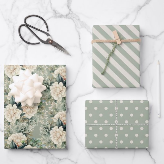 White Sage Green Floral Striped Polka Dots Inpakpapier Vel (Voorkant)