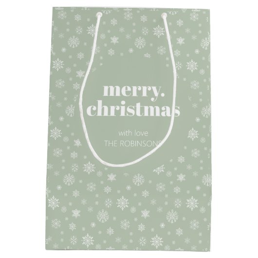 White Sage Green Merry Christmas Snowflake Patroon Medium Cadeauzakje (Achterkant)