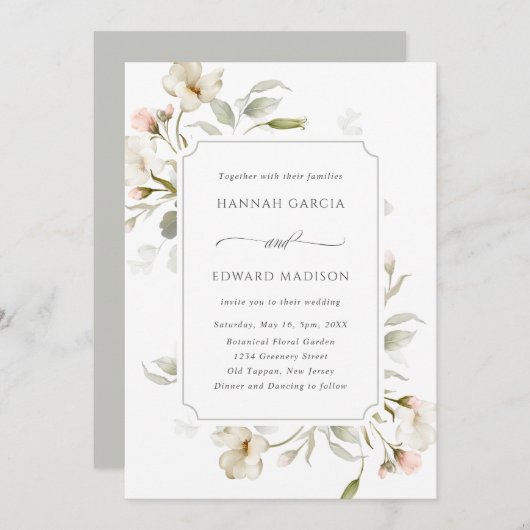 White Sage Grey Elegant Floral Wedding Kaart (Voorkant / Achterkant)