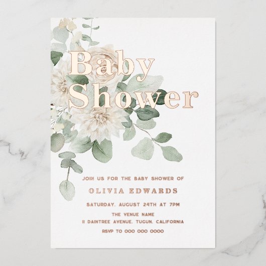 White & Sage Roos Gold Baby shower Folie Uitnodiging (Voorkant)