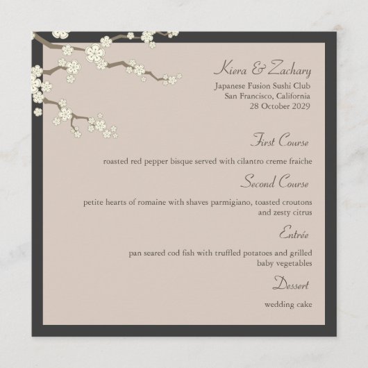 White Sakura Cherry Blossom Modern Asian Wedding Menu (Voorkant)