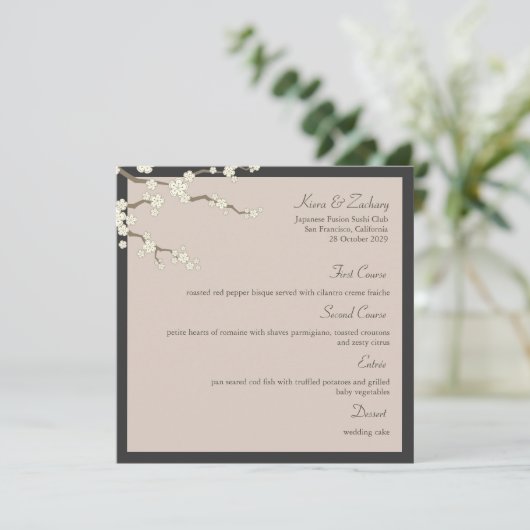 White Sakura Cherry Blossom Modern Asian Wedding Menu (Staand voorkant)