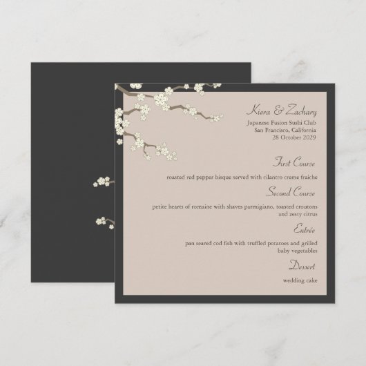 White Sakura Cherry Blossom Modern Asian Wedding Menu (Voorkant / Achterkant)